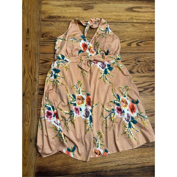 Buzz Brown Floral Print Sleeveless Halter Neck Swimwear Wrap Dress Size Large - Picture 1 of 4